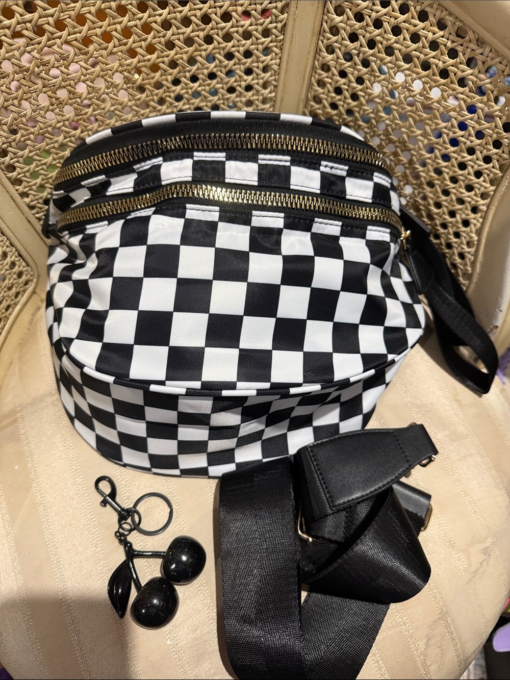 Bum Bag Black & White Checkerboard Crossbody Bag with Gold Zippers/ black cherry